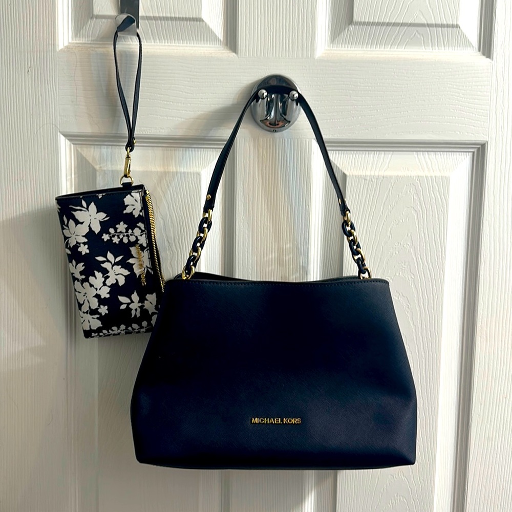 Michael Kors Canvas Navy Blue shoulder bag with matching wallet.